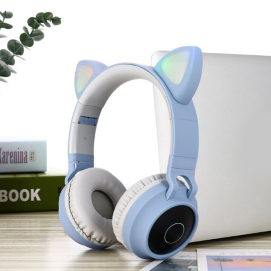 (Gray Blue) Cat Ear Bluetooth Headphones LED Lights Earphone