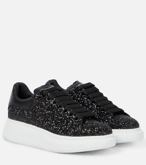 Leather-trimmed glitter sneakers