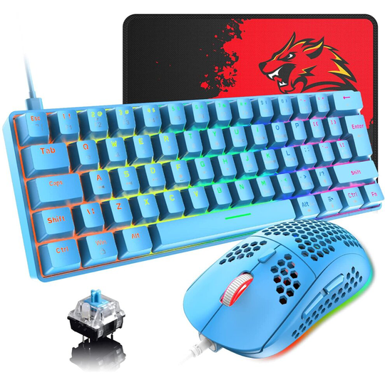 UK Layout 60% Mechanical Keyboard Compact 62 Keys Wired USB C 19 Backlight Effects Gaming Keyboard + 6400 DPI Honeycomb Mouse + Mouse Pad, Compatible