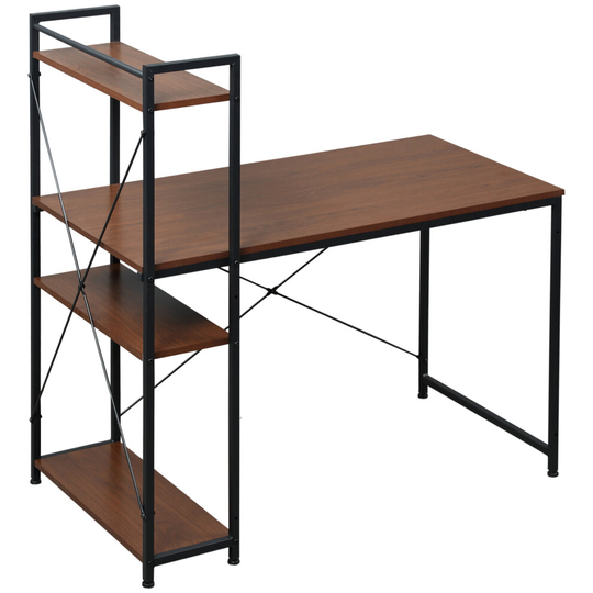 HOMCOM Computer Desk Laptop Table w/ 4-tier Bookshelf X Frame Walnut