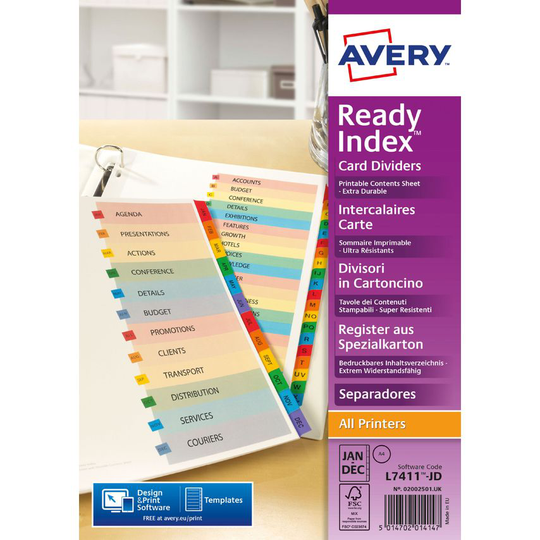 Avery Avery Readyindex Divider Jan-Dec Punched 190gsm Card White with Coloured M