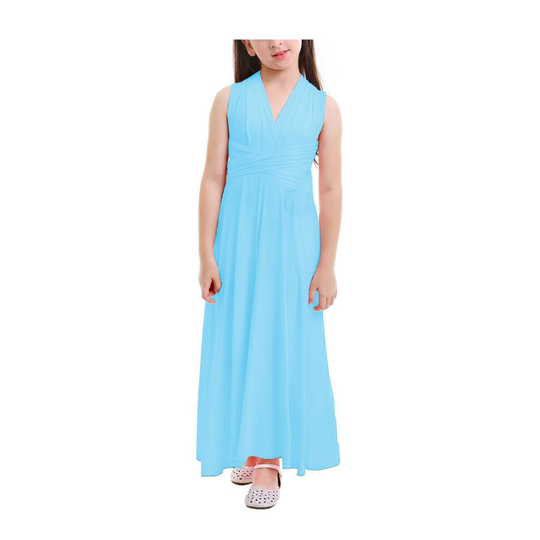 (Sky Blue, L / Age 10-12 Years) Flower Girl Multiway Wrap Dress Convertible Kids Bridesmaid Wedding Long Gown
