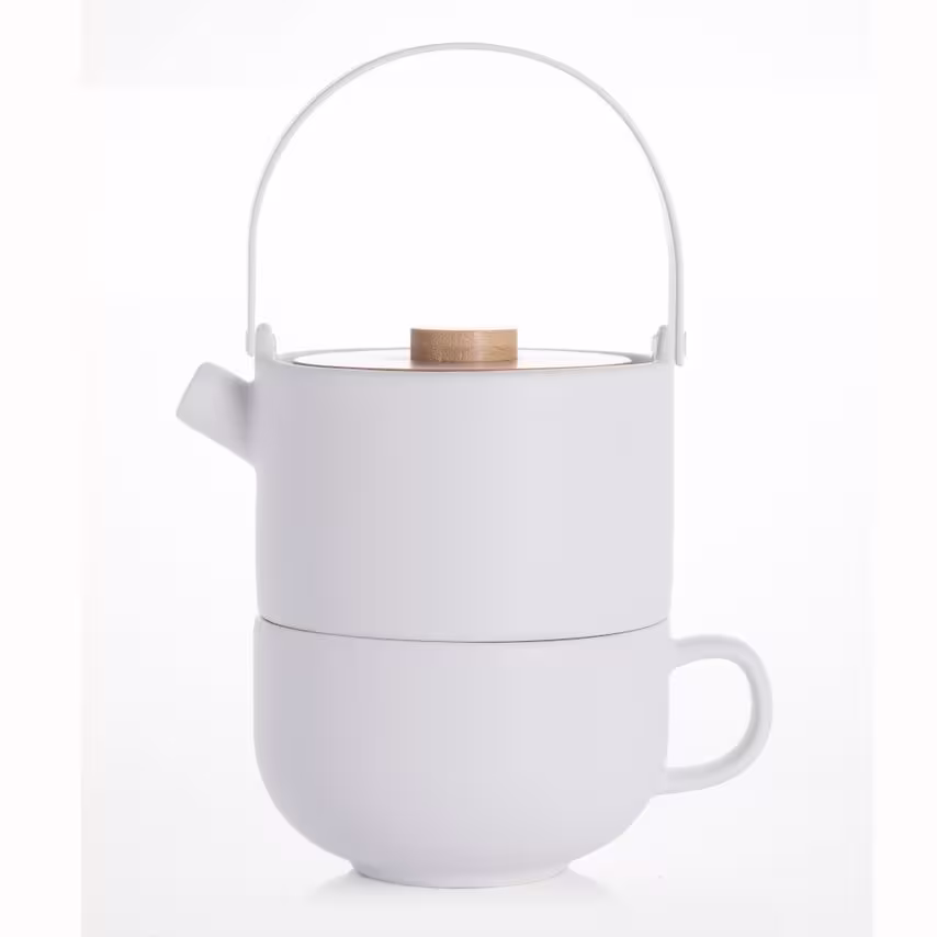 Bredemeijer Tea for One Set Umea Design in White with Bamboo Lid