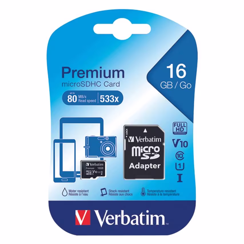 Verbatim Micro SDHC Memory Card Class 10 16GB with Adaptor 44082