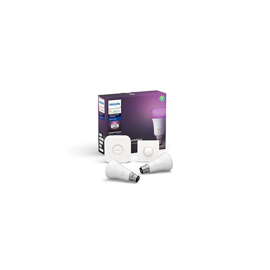 Philips Hue White and Colour Ambiance Starter Kit: Smart Bulb 2x Pack LED [B22 Bayonet Cap] Includes Hue Button + Bridge. Works with Alexa, Google Ass