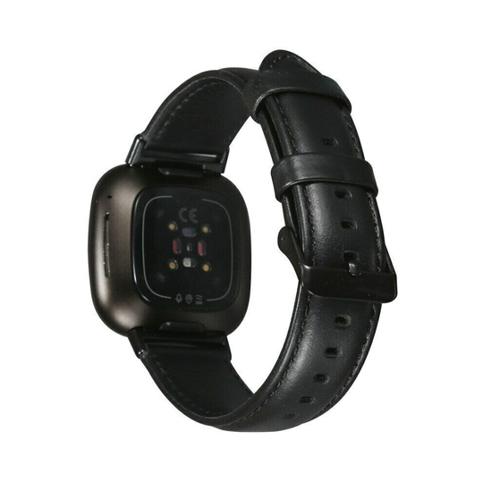 (Black, Large) for Fitbit Versa 3 / Sense Leather Strap Band Bracelet Wristband Replacement