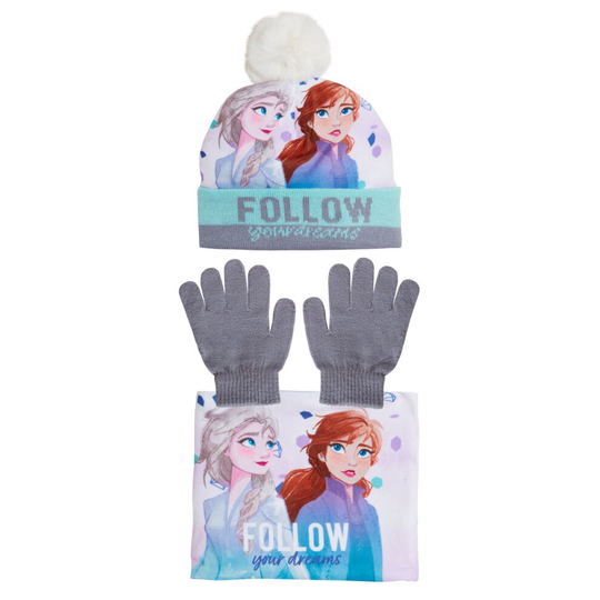 (Dark Grey, 3-5 Years) Disney Frozen 2 Bobble Hat + Snood Scarf + Gloves Girls 3 Piece Winter Set