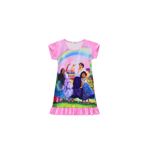 (Pink, 6-7 Years) Encanto Mirabel Sleepwear Dress Girls Pleated Skirt Nightdress Nightie Nighty