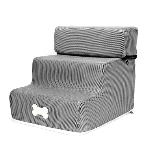 (Grey) Pet Dog Ladder 3 Step Soft Stairs Lightweight Washable Cover Ramp Removable Top