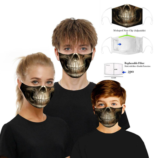 (Grey Skull With Nose Clip) Face Mask Protective Covering Washable Reusable Unisex Replaceable Filter 3D UK