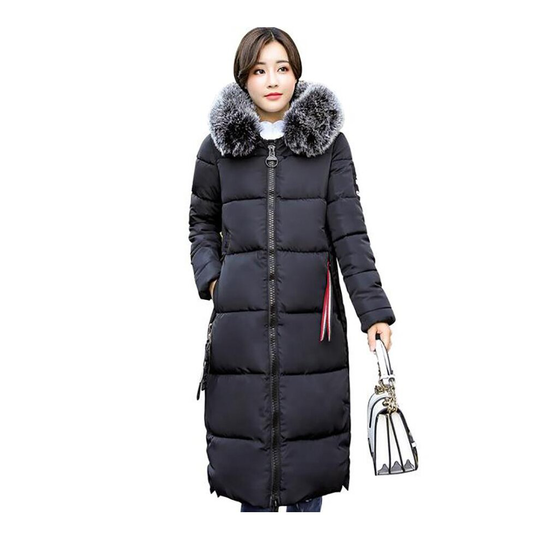 (Black, 2XL / UK Size 12-14) Womens Faux Fur Trim Hood Padded Long Parka Winter Coat