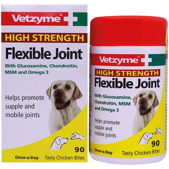 Vetzyme | High Strength Flexible Joint Tablets for Dogs, Promotes Supple and Mobile Joints | Tasty Chicken Treats with Glucosamine & Omega 3 (90