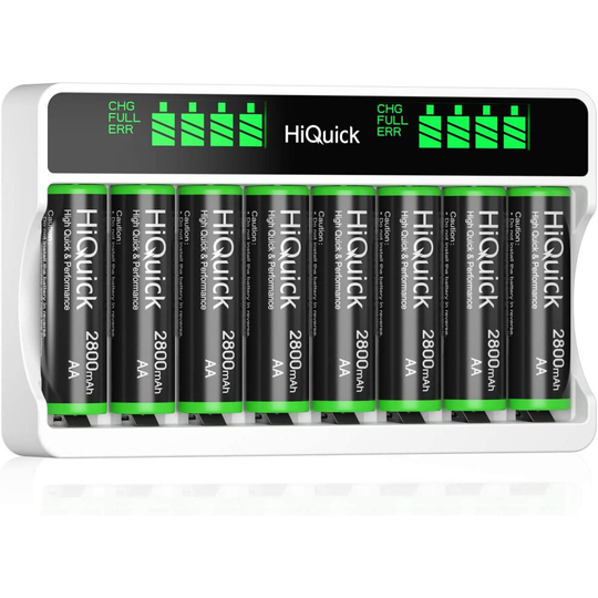 HiQuick 8-slot AA AAA LCD Battery Charger, 5V 2A Fast Charging Function, Type C and Micro USB Input, with 8 x 2800mAh AA NI-MH...