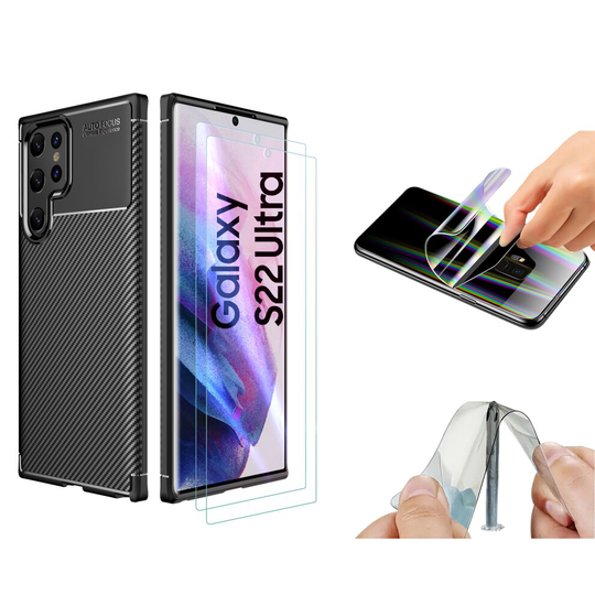 Fonetek®, Compatible with Galaxy S22 Ultra, Slim Carbon Fibre Shockproof Case and 2x Hydrogel Screen Protector Covers for Samsung Galaxy S22 Ultra
