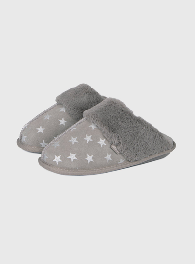 Grey Star Suede Mule Slippers With Faux Fur - L
