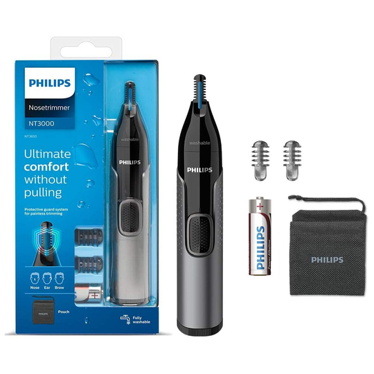 Philips Nose Hair Trimmer, Series 3000 Nose, Ear and Eyebrow Trimmer Showerproof with Protective Guard System, Battery-Operated, No pulling Guaranteed
