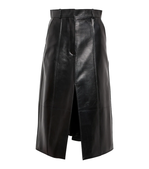 Slit leather midi skirt