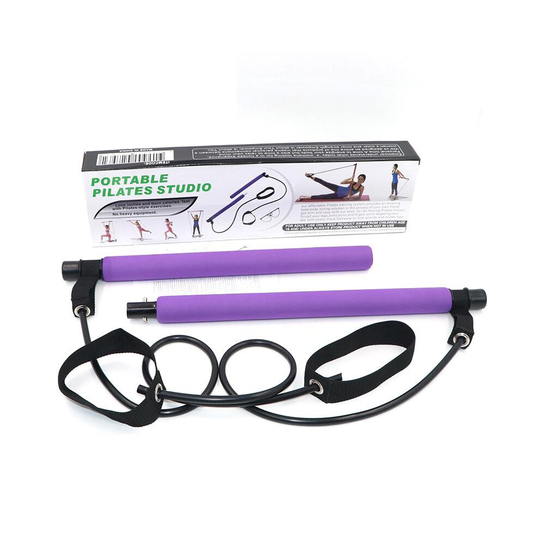 (Purple) Portable Gym Pilates Bar Kit With Resistance Band Adjustable Exercise Stick
