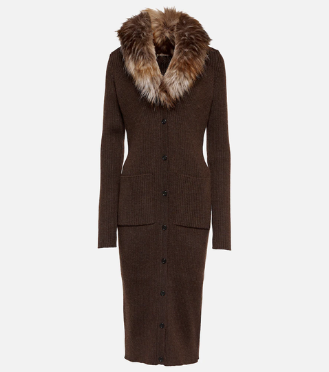 Faux fur-trimmed wool midi dress