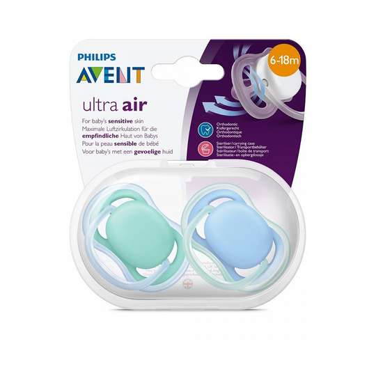 Philips Avent Pacifier | Ultra Air Soother | Soft Teats (Pack of 2) - Blue/Green - SCF244/23