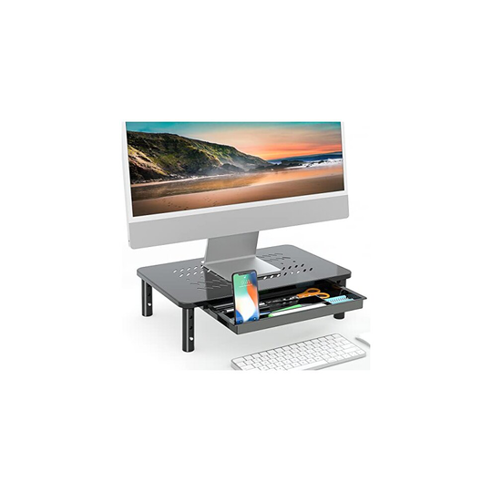 FITUEYES Monitor Stand Riser With Drawer - 3 Height Adjustable - Desk Monitor Stand for Laptop, Computer, PC, Printer with Radiating Mesh,37 x 23
