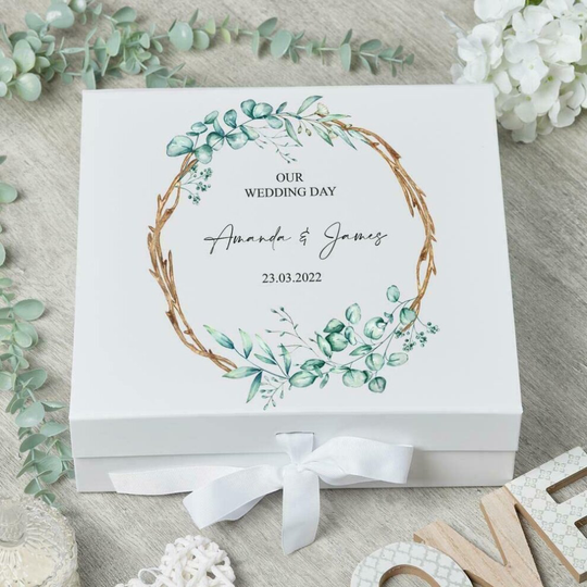 ukgiftstoreonline Personalised Keepsake Box Wedding Memory box Gift With Leaves and Sticks Design (Large)