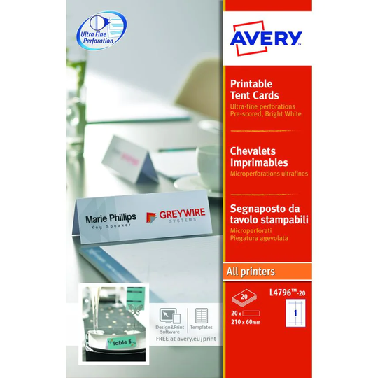 Avery Avery Printable Tent Card 210x60mm 1 Per Sheet 190gsm White (Pack 20) L479