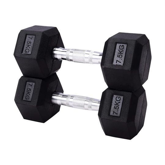 Living and Home Set of 2 Black Fitness Rubber Hex Dumbbell, 7.5KG