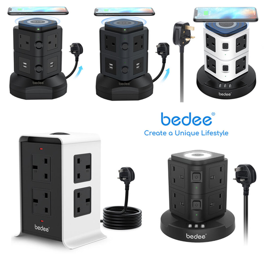(Grey - 6 Plugs + 4 USB Ports + Wireless Charging) Tower Surge Protected Extension Lead Power Strip
