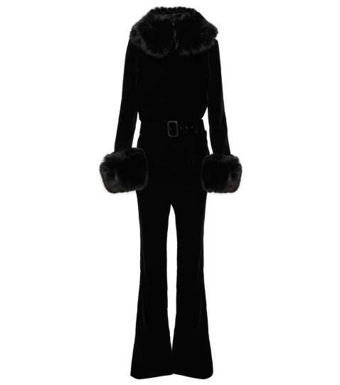 Faux fur-trimmed velvet jumpsuit