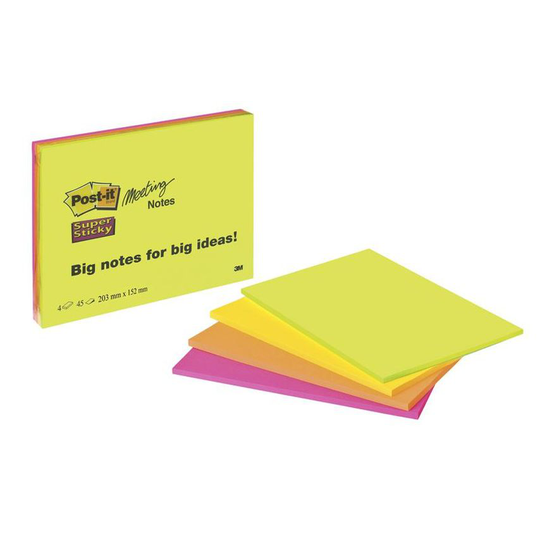 Post-it Super Sticky Notes 200x149mm 45 Sheets Neon Colours (Pack 4) 6845-SSP