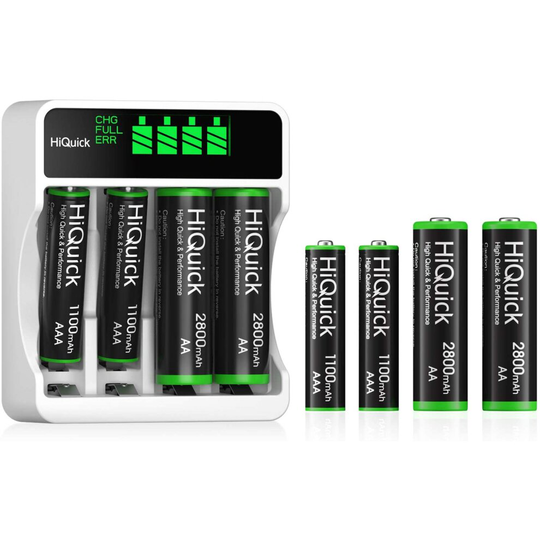 HiQuick 4-slot AA AAA LCD Battery Charger, Fast Charging Function, Type C and Micro USB Input, with 4 x 2800mAh AA and 4 x...