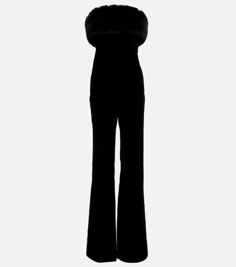 Faux fur-trimmed cupro velvet jumpsuit