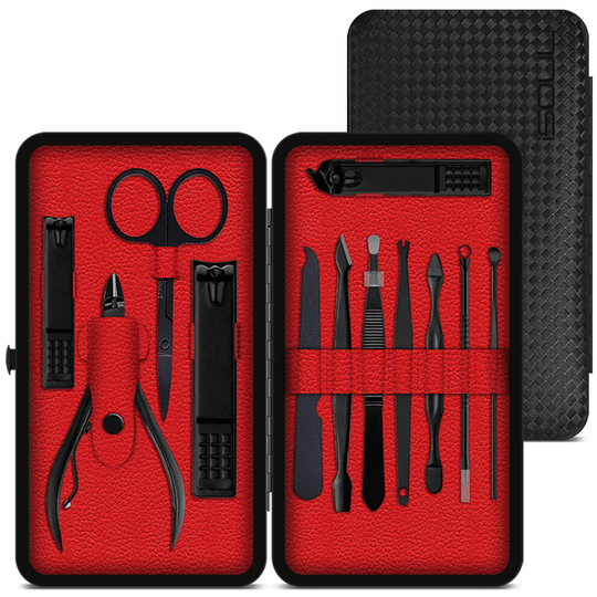 iSOUL 12Pcs Male/Female Manicure Set Stainless Steel Professional Nail Clipper Set Stainless Steel Grooming Kit with PU Leather Travel Case