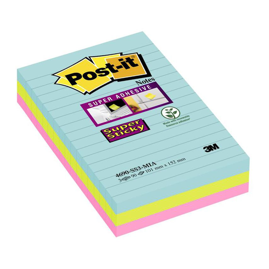 Post-it Post-It Super Sticky Notes 101x152mm Ruled 90 Sheets Miami Colours (Pack