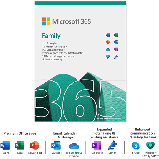 Microsoft Office 365 Family 6 Users Pcs/Macs Tablets & Phones 1 Year Subscription 6GQ-01556
