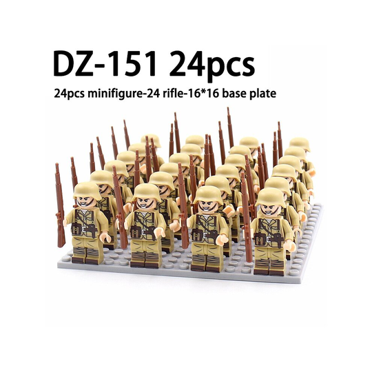 (DZ-151 24pcs) 24pcs Minifigures Military Building Blocks WW2 Rifle Models Assembling Military Games Suits Sand Tables 16*16 Base Plate