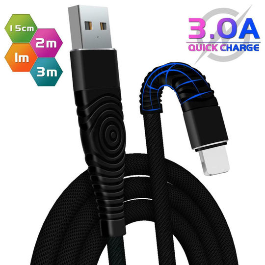 (3M, Black) Strong Braided USB Fast Charging Charger Cable Quick Sync Data For iPhone 8 7 6s