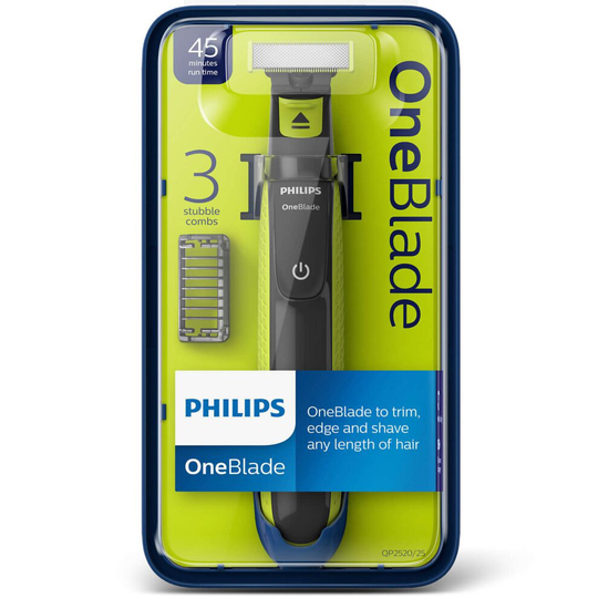 Philips OneBlade Wet Dry Facial Hair Trimmer Shaver, 45 Min Run, 3 Combs, QP2520/25