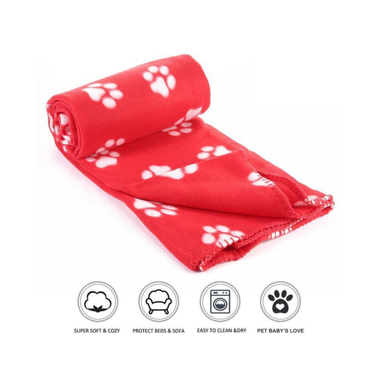 (Red, M: 60x70cm) JS One Paw Print Fleece Pet Blanket