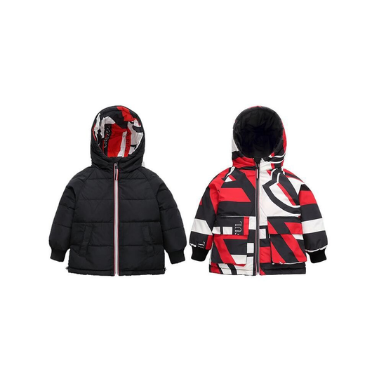 (Black / Red, 140cm / 7-8 Years) Kids Unisex Reversible Stylish Bubble Parka Hooded Winter Jacket