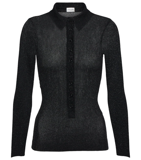 Metallic mesh polo top
