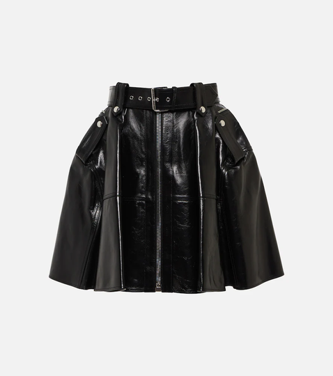 Belted high-rise leather miniskirt