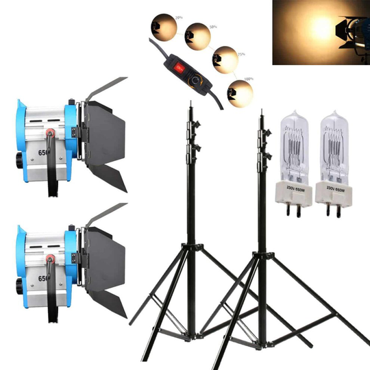 2x 650W Pro Fresnel Tungsten Halogen Video Spotlight + Stands
