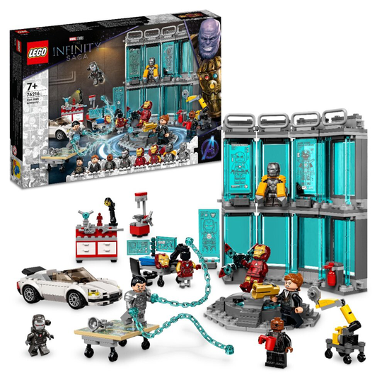 LEGO 76216 Marvel Iron Man Armory, Buildable Toy with MK3, MK25 and MK85 Suit Minifigures, Avengers Gift for Kids 7 Plus Years Old