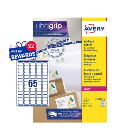 Avery Laser Mini Label 38x21mm 65 Per A4 Sheet White (Pack 16250 Labels) L7651-2