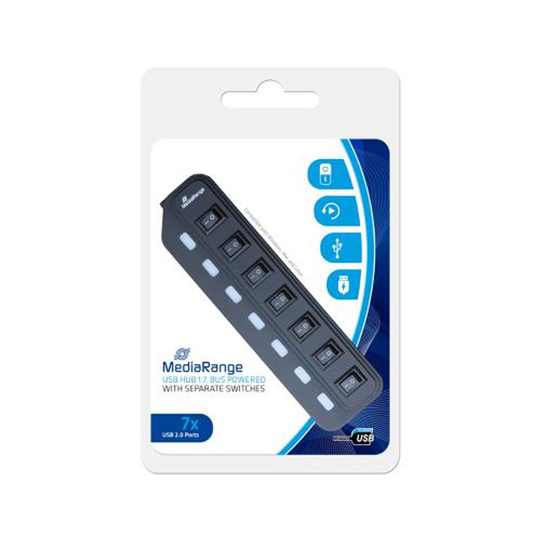 Media Range MediaRange USB 2.0 Hub With Separate Switches 7 Ports Black Ref MRCS