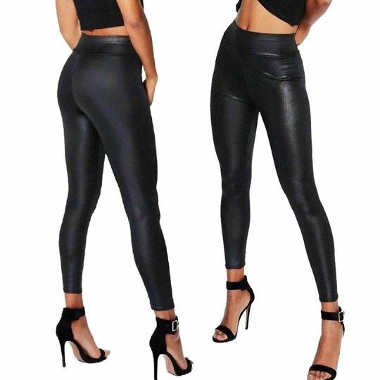 (6XL / UK Size 26) Women Wet Glossy Look Plus Size Stretchy High Waist Faux Black Leather Leggings