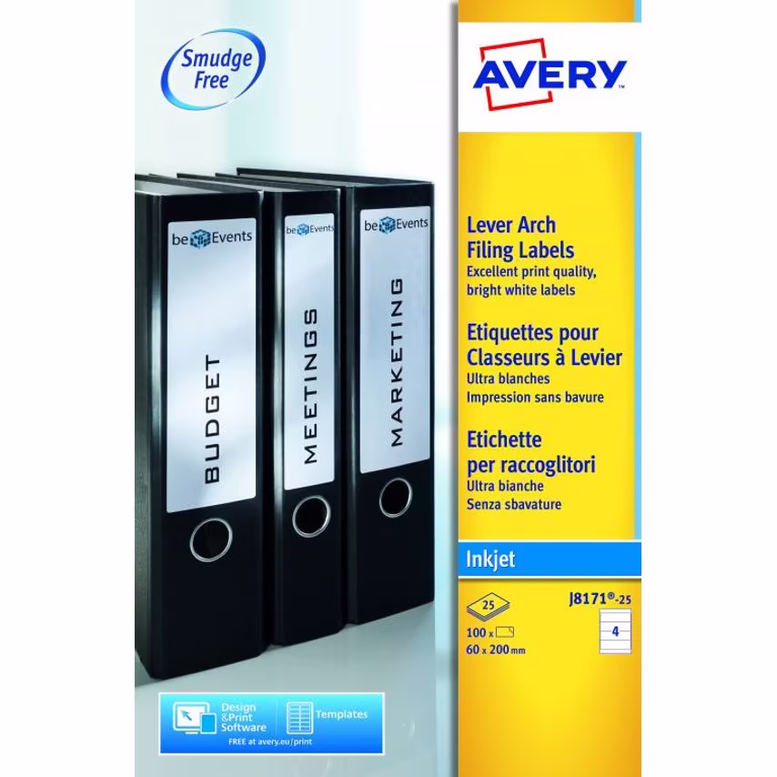 Avery Inkjet Filing Label Lever Arch File 200x60mm 4 Per A4 Sheet White (Pack 10