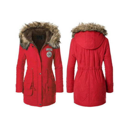(Red, 4XL / UK Size 18-20) Womens Faux Fur Trim Hood Long Winter Parka Coat
